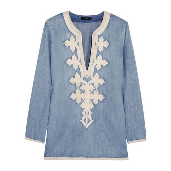 J. Crew|Blue Embroidered Cotton Blend Long Sleeve Tunic Top, 00 - Picture 3 of 9
